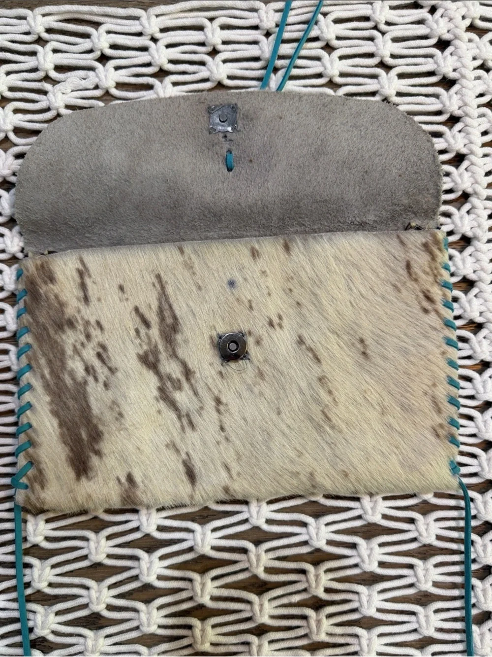 Brown & Cream Cowhide Buffalo Leather Foldover Clutch with Turquoise Lacing